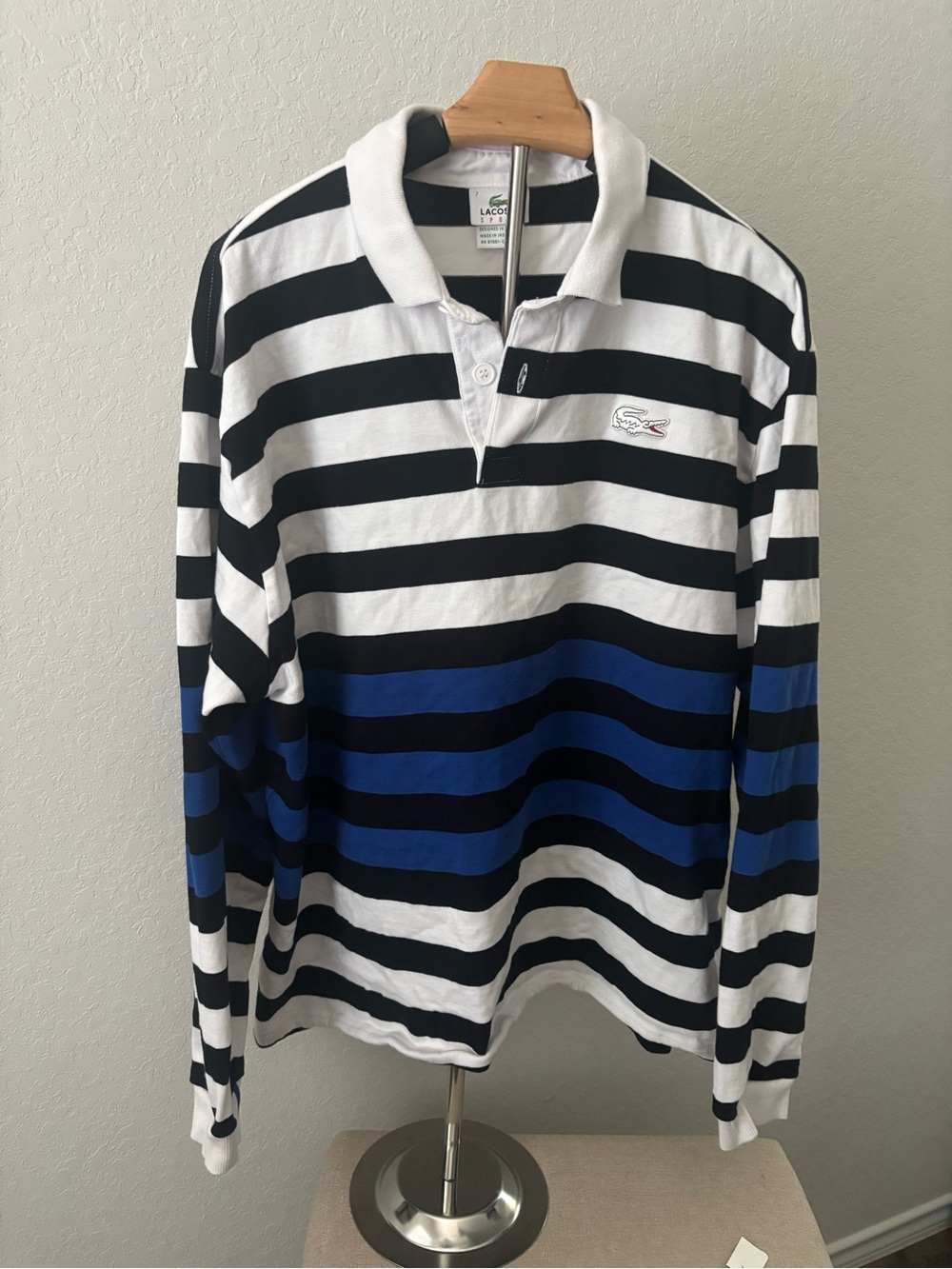 VTG Lacoste Sport Rugby Polo Shirt Blue Black Striped LS 90s/Y2K Sz XXL 7
